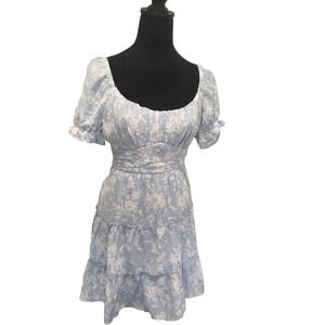 trixxi dress Sz L Blue Mini Floral Toile Tiered Puff Sleeve
